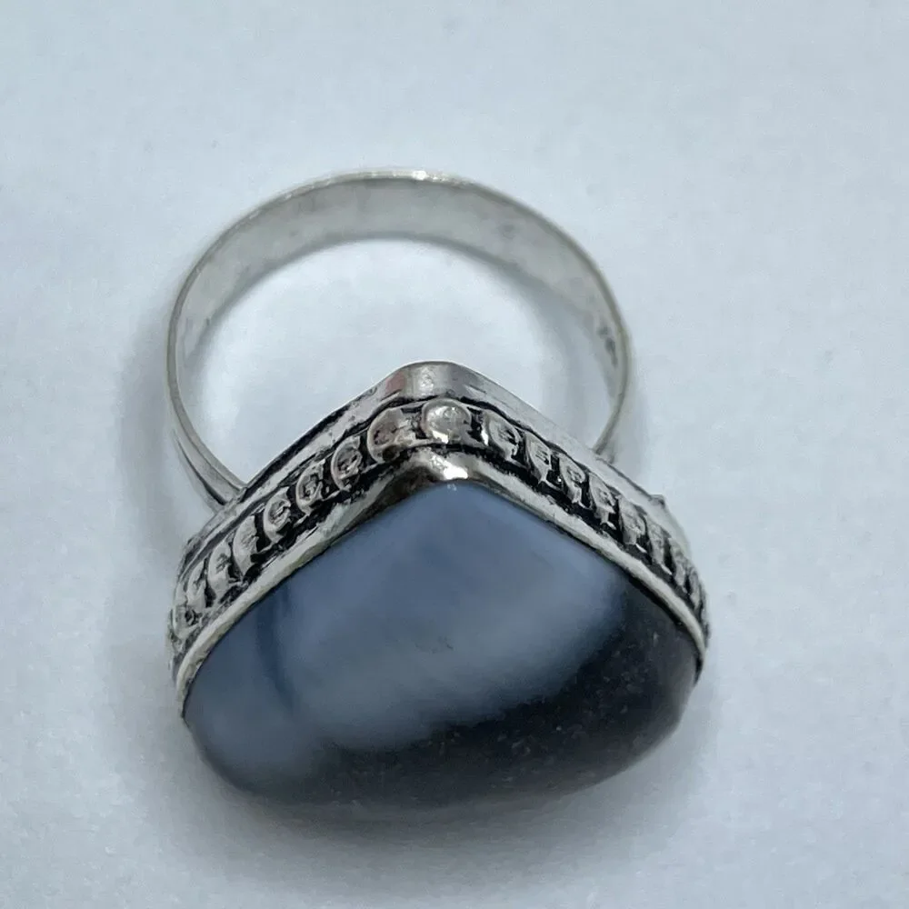 Stunning Boho Trillion Cut Owhyee Blue Opal Silver Plated Gemstone Ring 7.5
